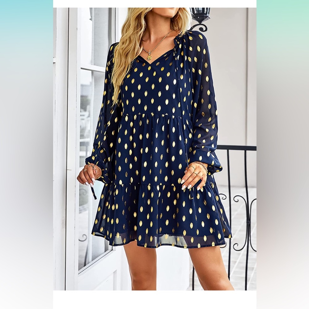 Long Sleeve V Neck Ruffle Polka Dot Mini Dress